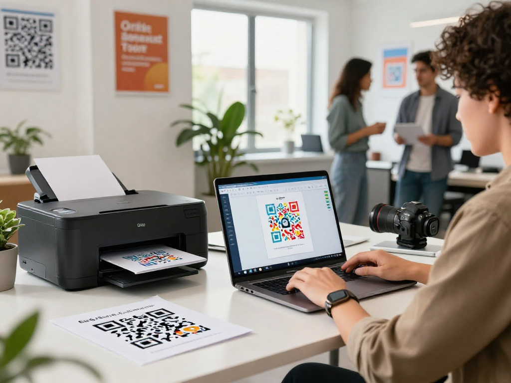 Creating vibrant QR Code Generator Canada designs in a modern office workspace with dynamic team collaboration.